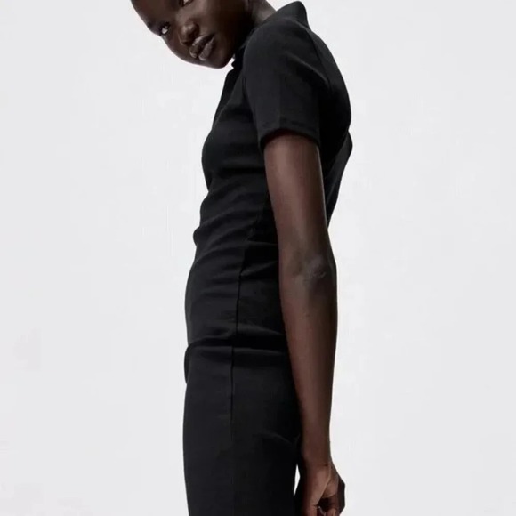 Zara Ribbed Mini Polo Dress Solid Black Short Sleeve Collared Casual Size Medium - Picture 3 of 8